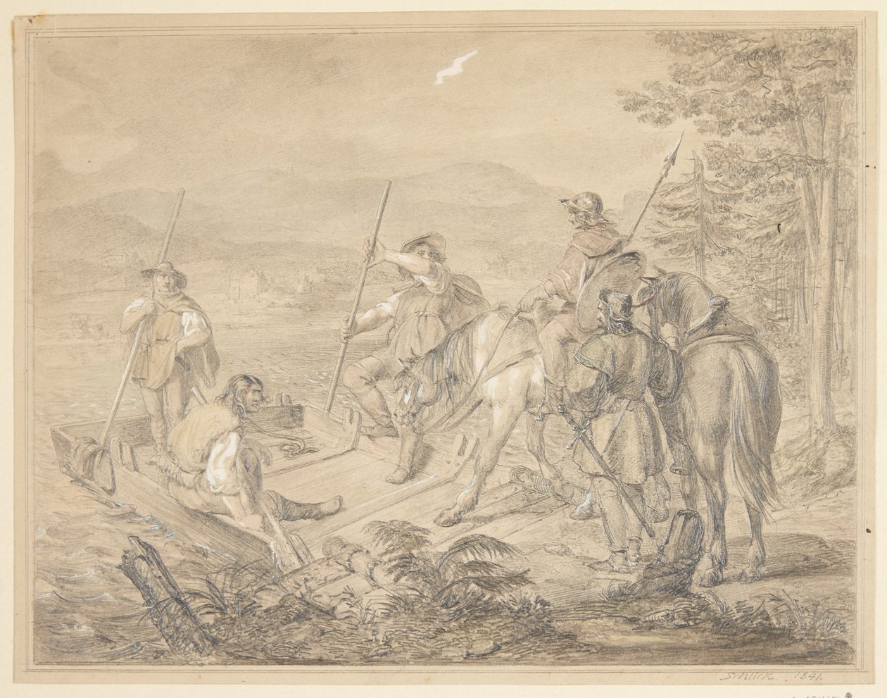 Landskap med ryttere ved en ferge av Gustav Schlick
