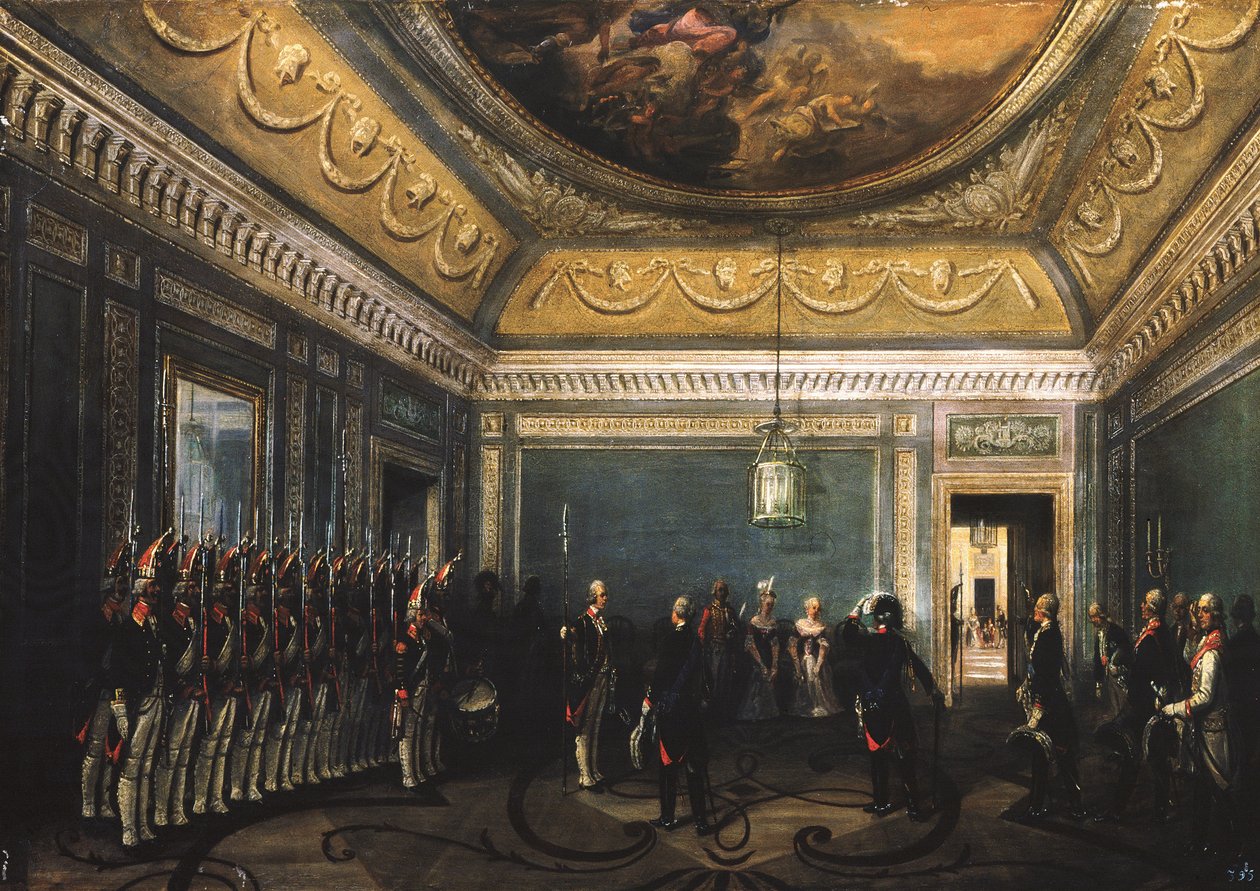 Skifte av Preobrazhensky Regiment Guards i Gatchina-palasset på tidspunktet for Paul I, 1845 av Gustav Schwarz