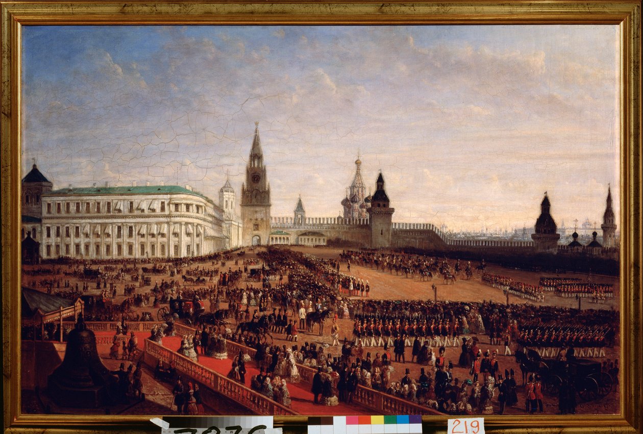 Militærparade under kroningen av keiser Alexander II (1818-1881) i Kreml i Moskva, 18. februar 1855. Maleri av Gustav Schwarz (ca. 1800-etter 1855), olje på lerret av Gustav Schwarz