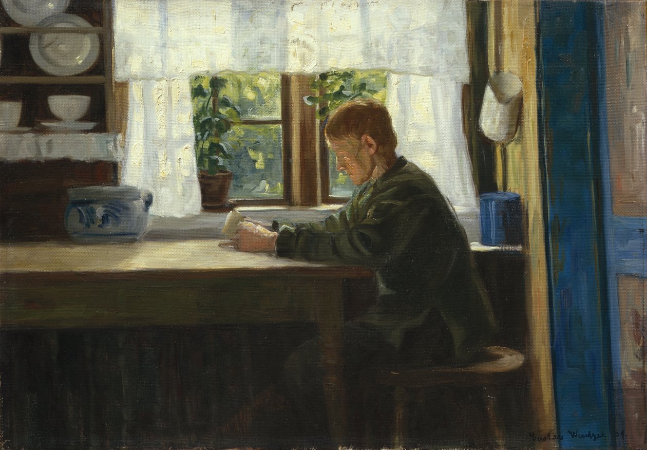 Gutt i kjøkkeninteriør (olje på lerret) av Gustav Wentzel