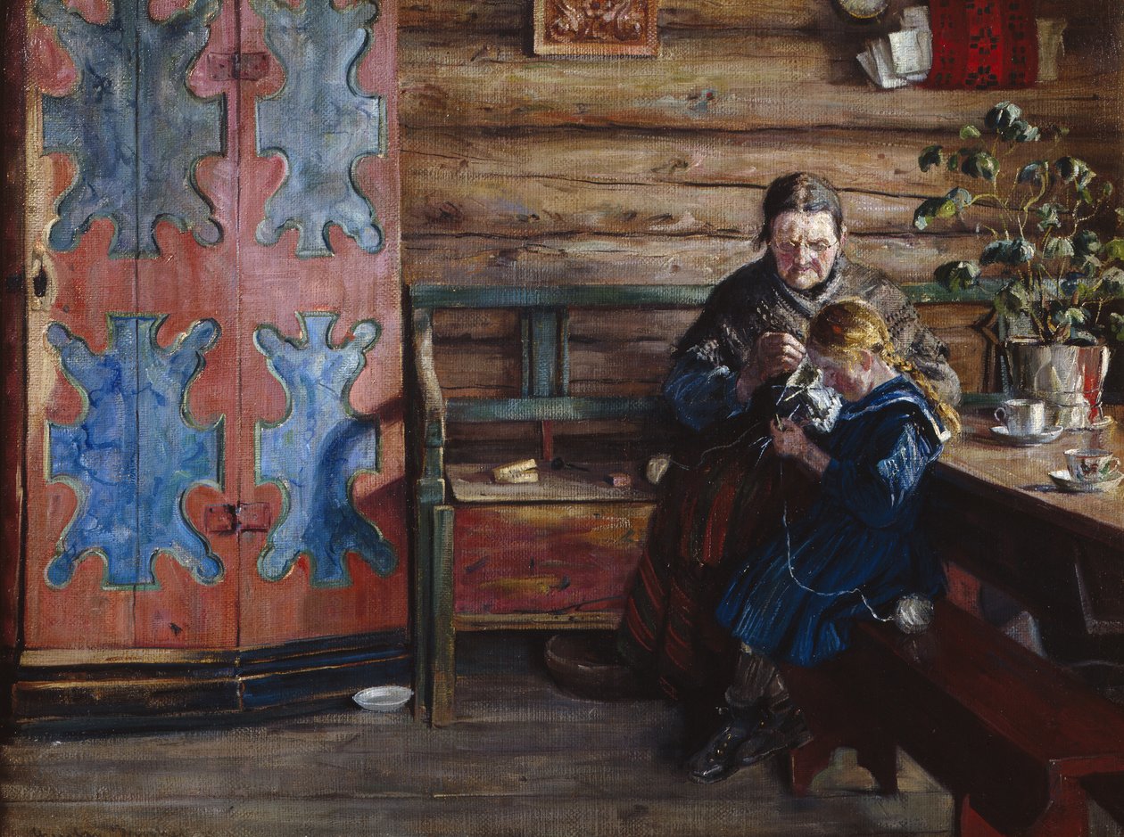Gårdsinteriør med barnebarn (olje på lerret) av Gustav Wentzel