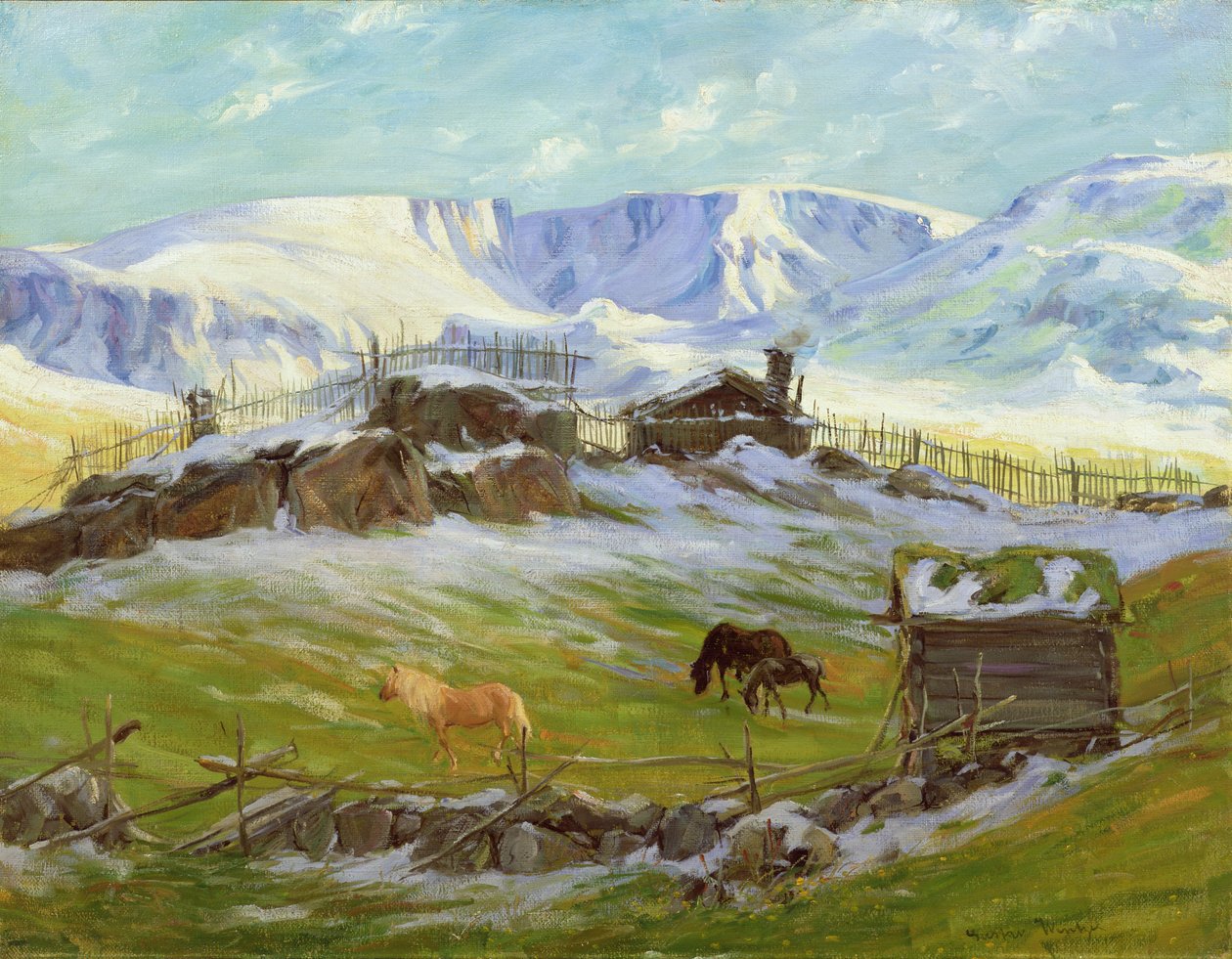 Morgensol over fjellet, Vaga (olje på lerret) av Gustav Wentzel