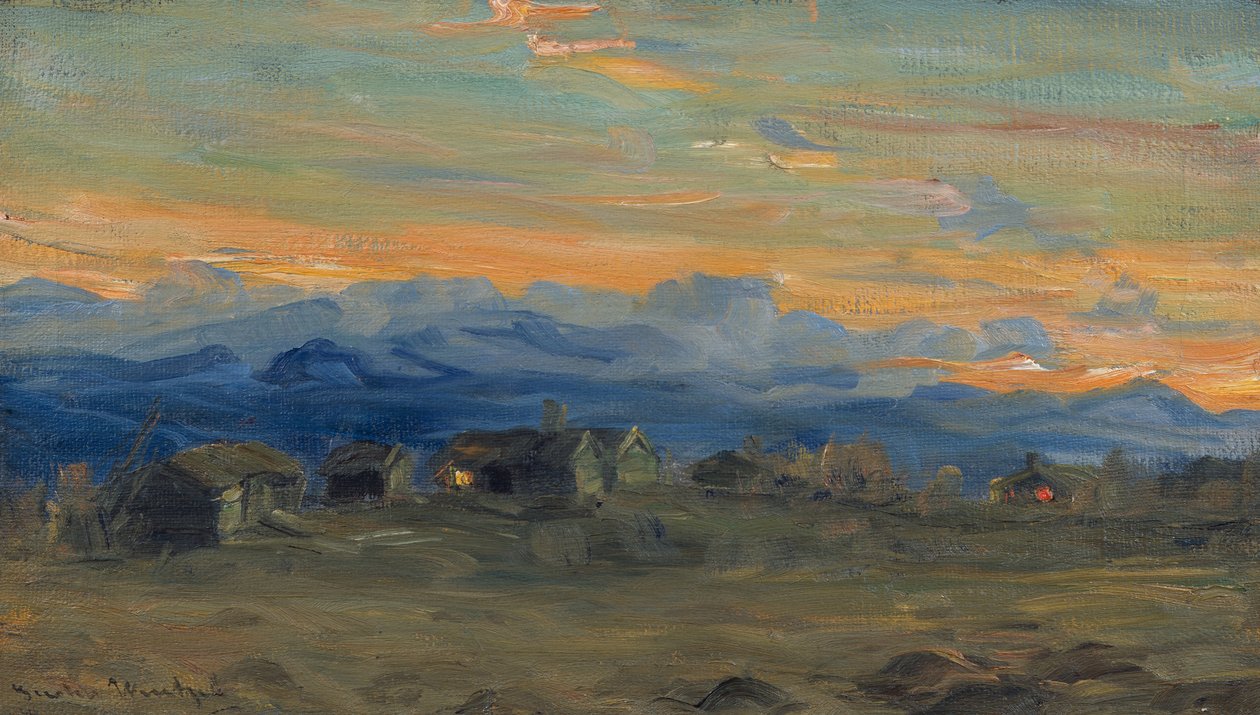 Fjellgård i kveldslys av Gustav Wentzel