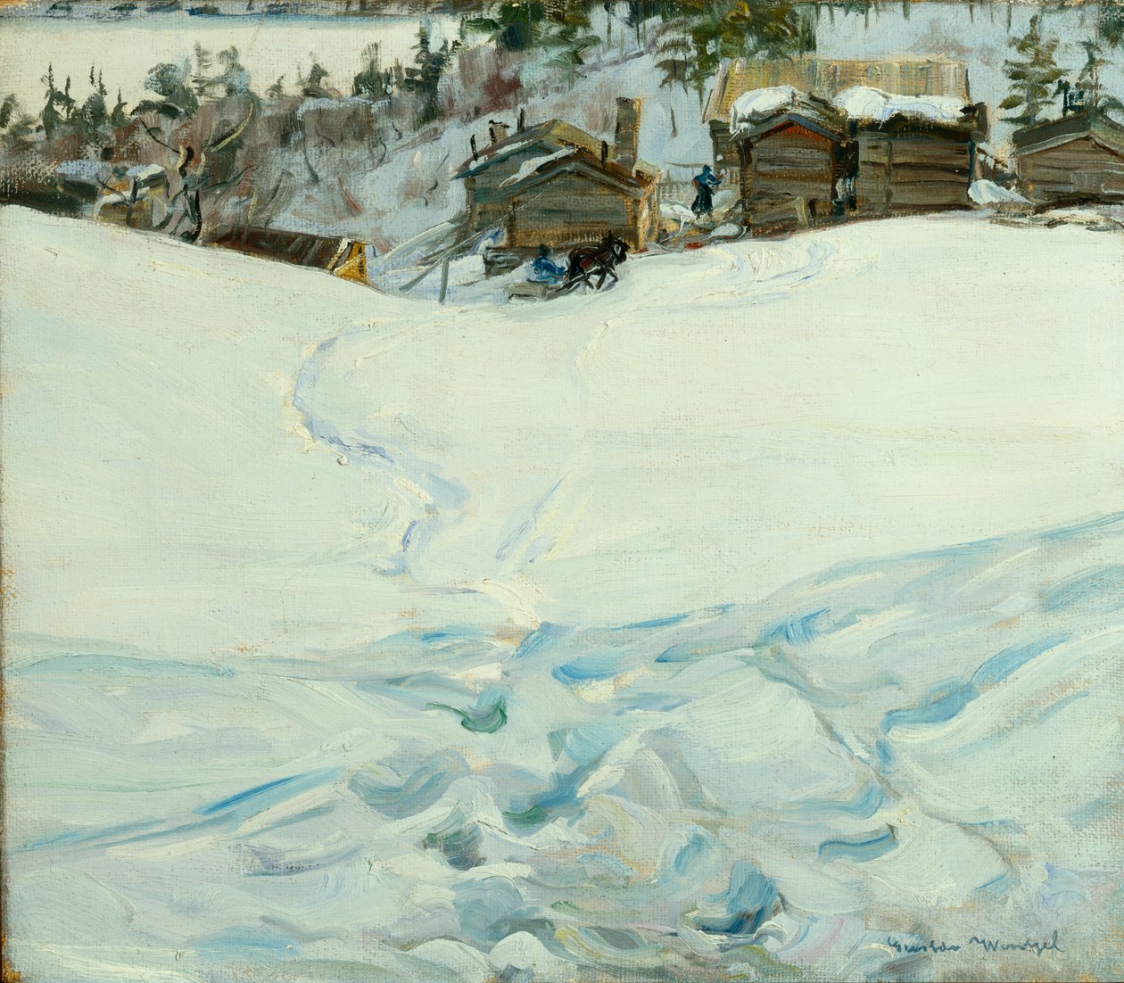 Fjellgård i vinterlandskap (olje på lerret) av Gustav Wentzel