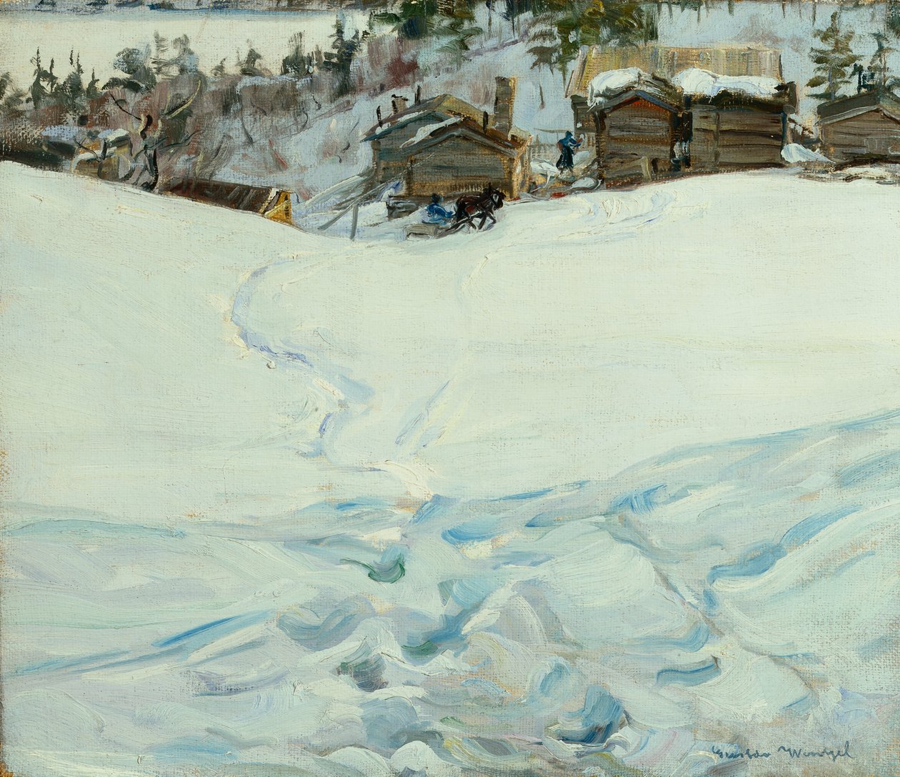 Fjellgård i vinterlandskap av Gustav Wentzel
