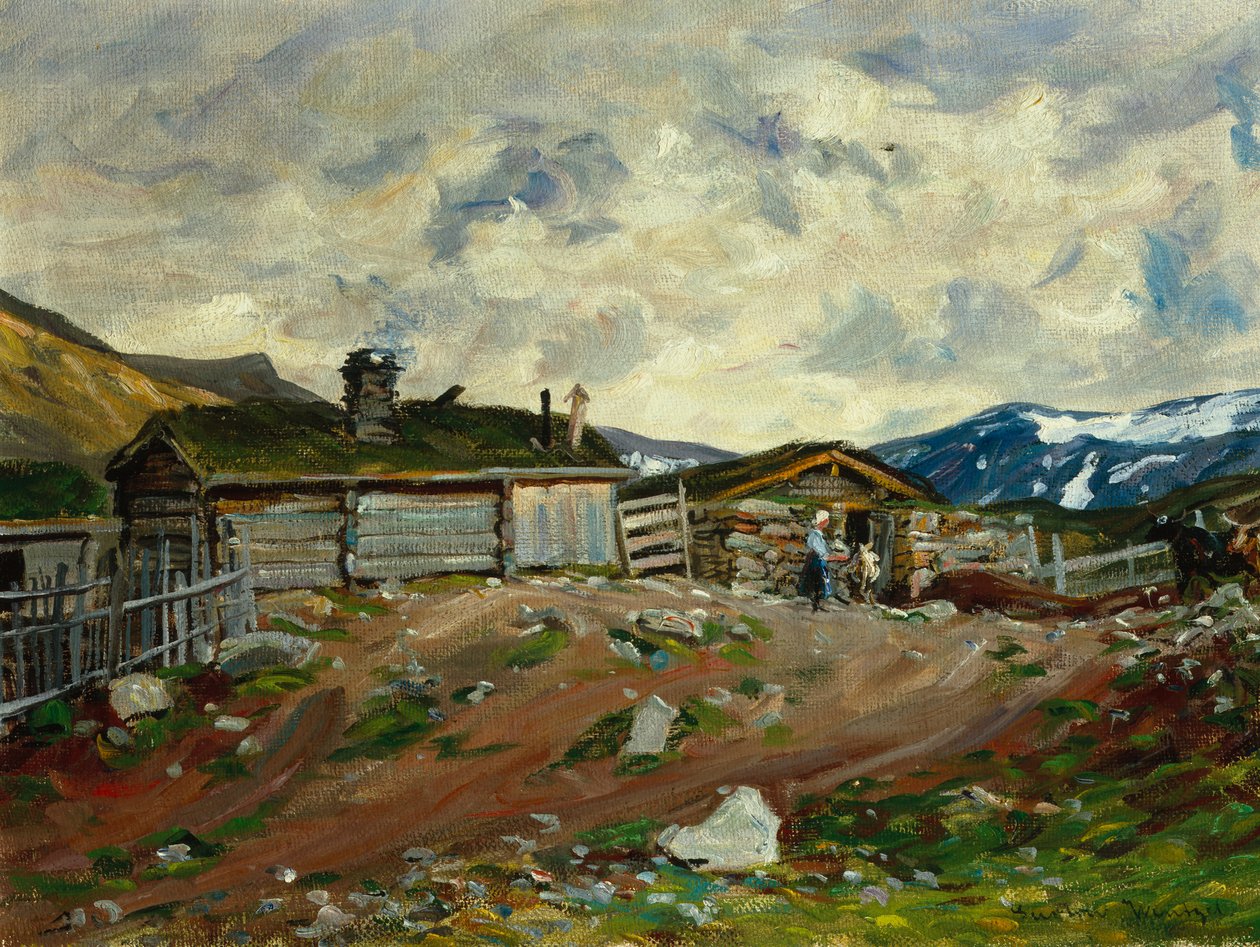 Mountain farm with woman and cow   1325111   no       norwegian Successfully Translated  Original: Virgin and Child in Glory with Saints Sebastian, John the Evangelist, and Roch Translat: Virgin and Child in Glory with Saints Sebastian, John the Evangelist av Gustav Wentzel