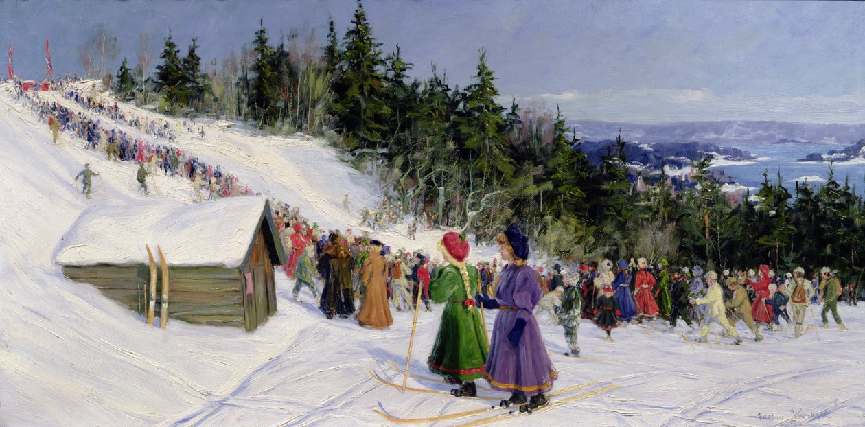 Skikonkurranse i Fjelkenbakken (olje på lerret) av Gustav Wentzel