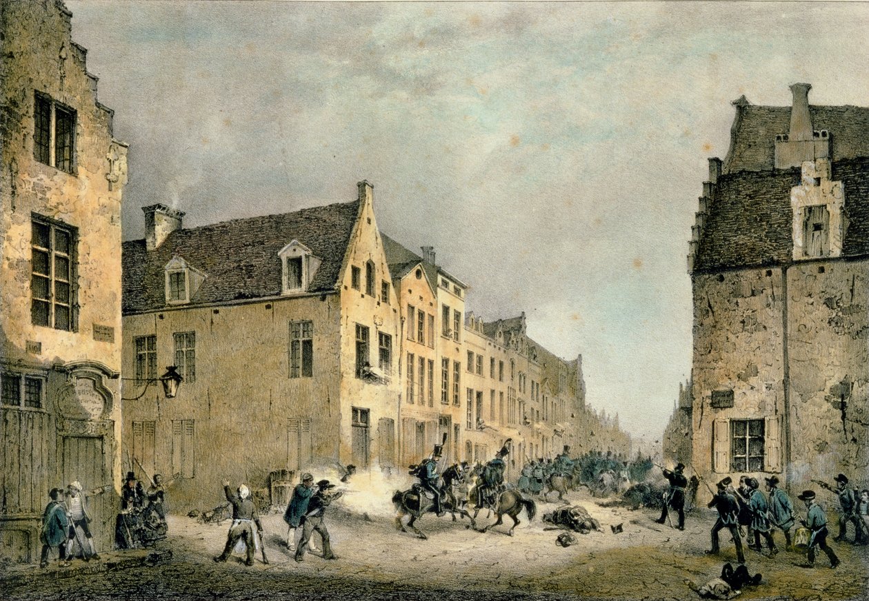 Avledning av en nederlandsk avdeling ved Porte de Flandre, Brussel, 23. september 1830, gravert av Jean Baptiste Madou (1796-1877) av Gustave Adolphe Simoneau