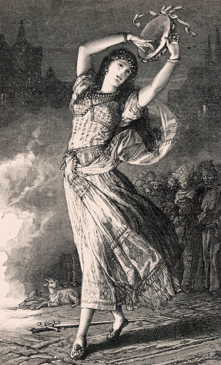 La Esmeralda - illustrasjon fra Notre Dame de Paris, 1800-tallet (bw gravering) av Gustave Brion