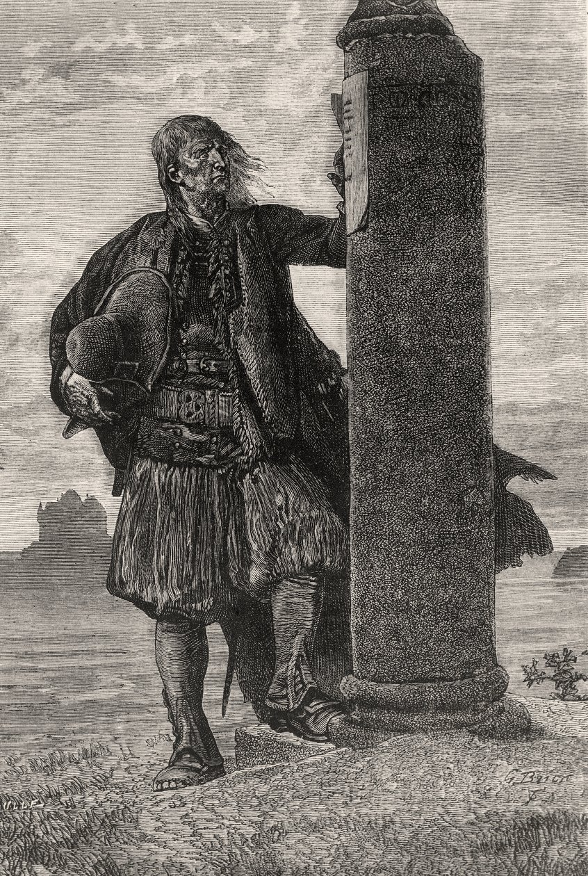 Markisen av Lantenac leser en ordre om arrestasjon på en søyle - illustrasjon fra Quatre Vingt Treize, 1800-tallet (bw-gravering) av Gustave Brion