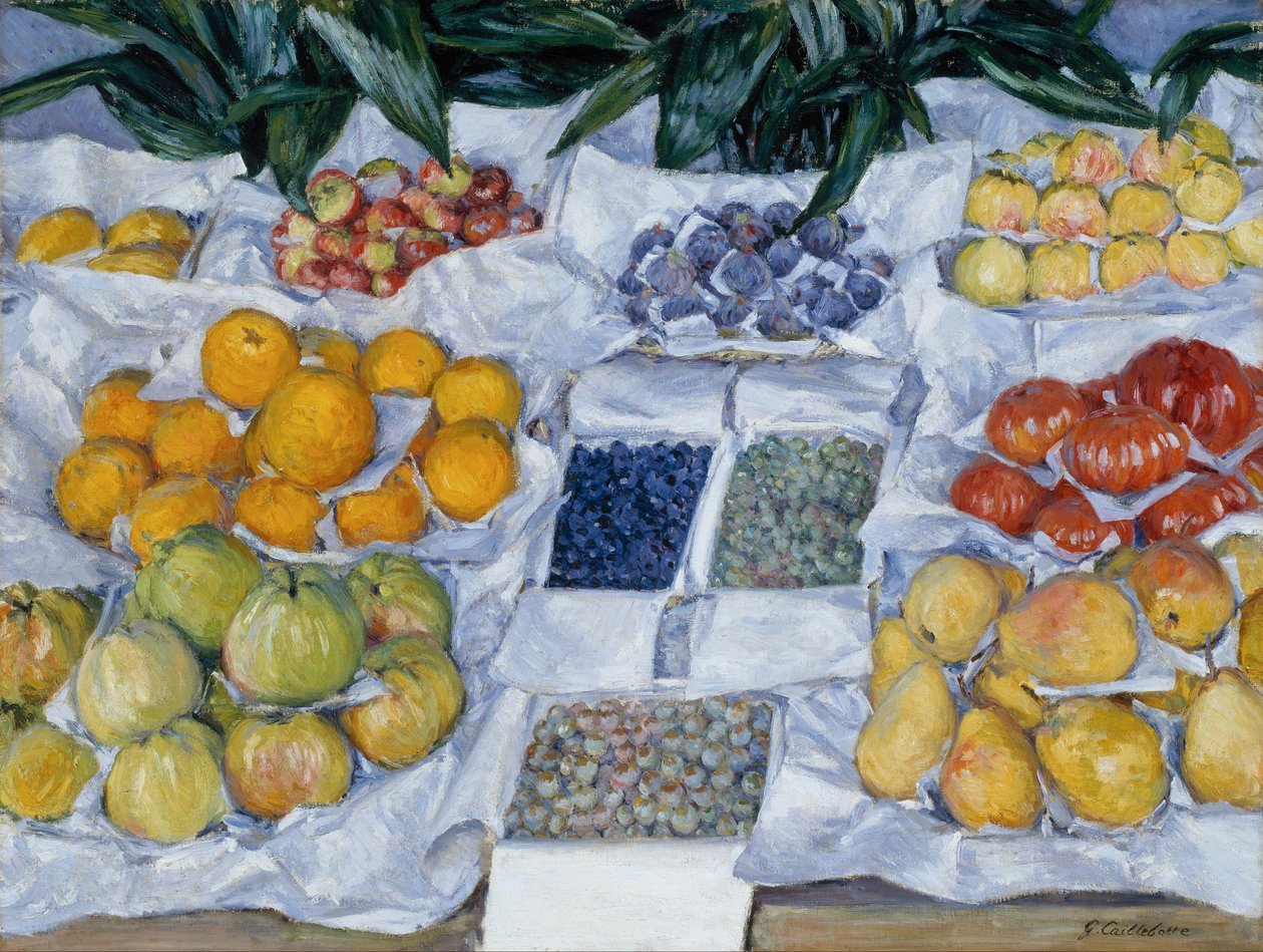 Frukt vist på et stativ av Gustave Caillebotte
