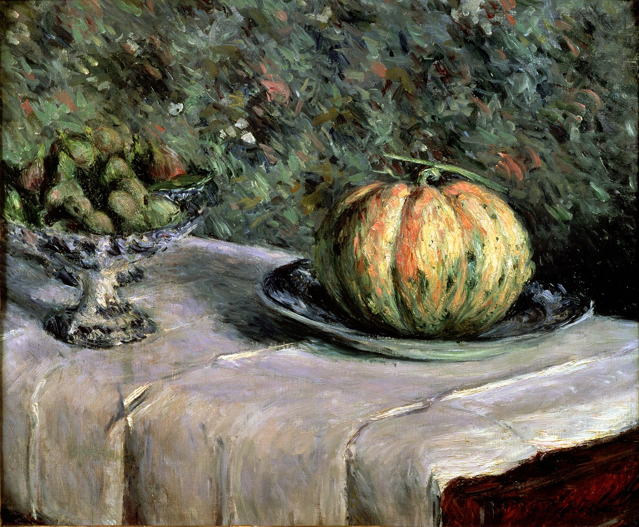 Melon- og fruktskål med fiken, 1880-82 av Gustave Caillebotte