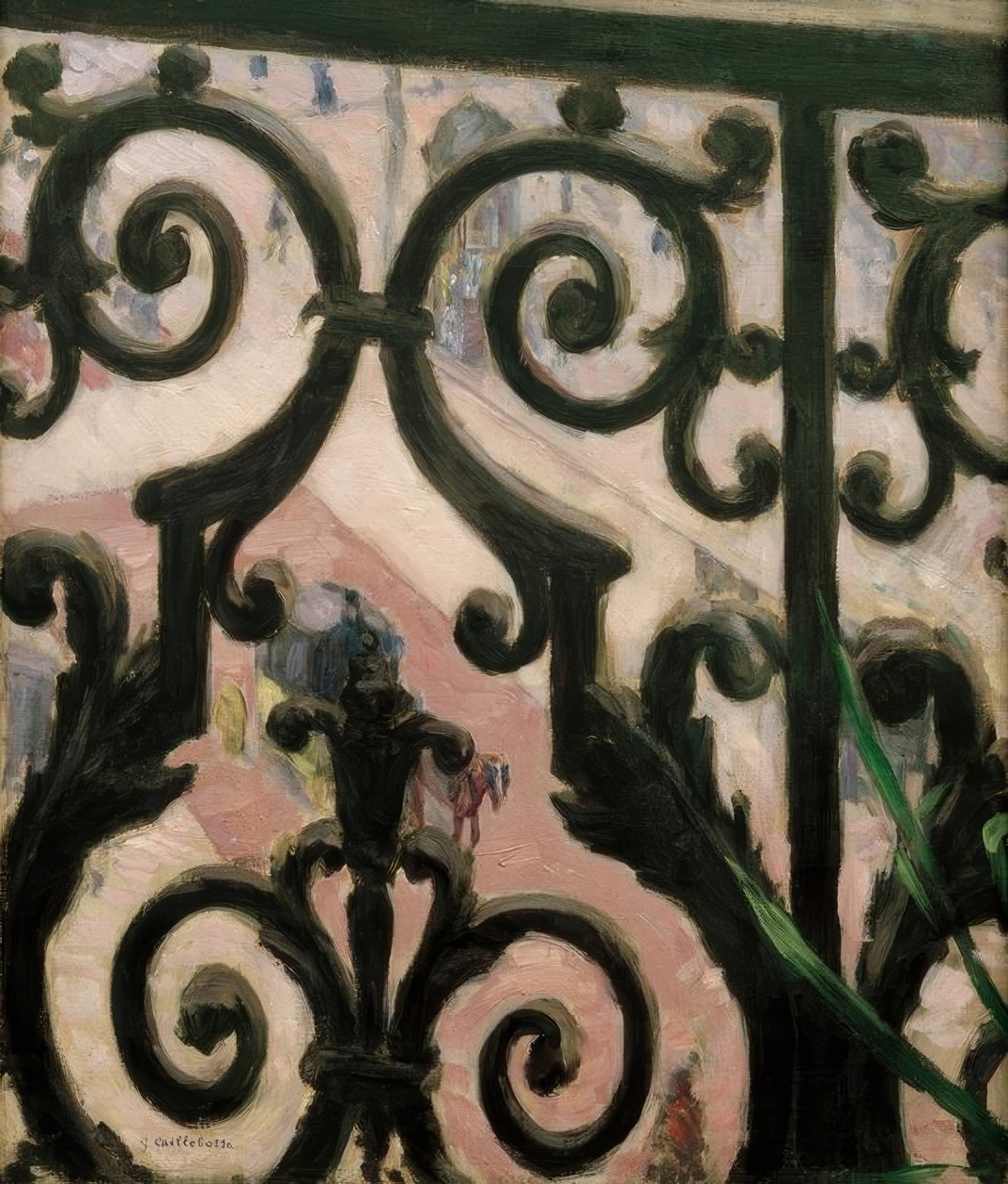 Utsikt tatt gjennom en balkong av Gustave Caillebotte