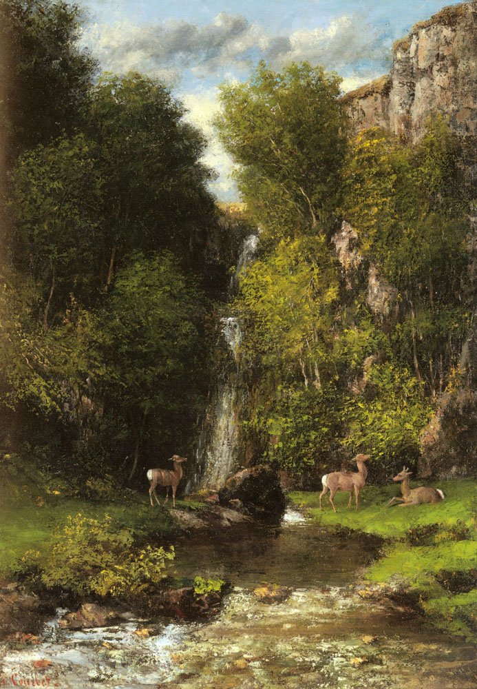 En hjortefamilie i et landskap med en foss av Gustave Courbet