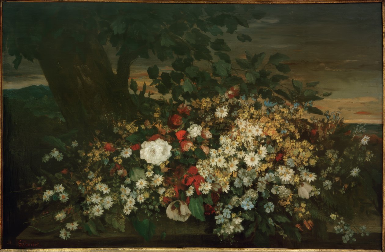 Blomster på en benk av Gustave Courbet