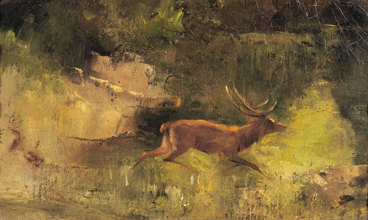 Hjort som løper gjennom en skog, ca. 1865 av Gustave Courbet