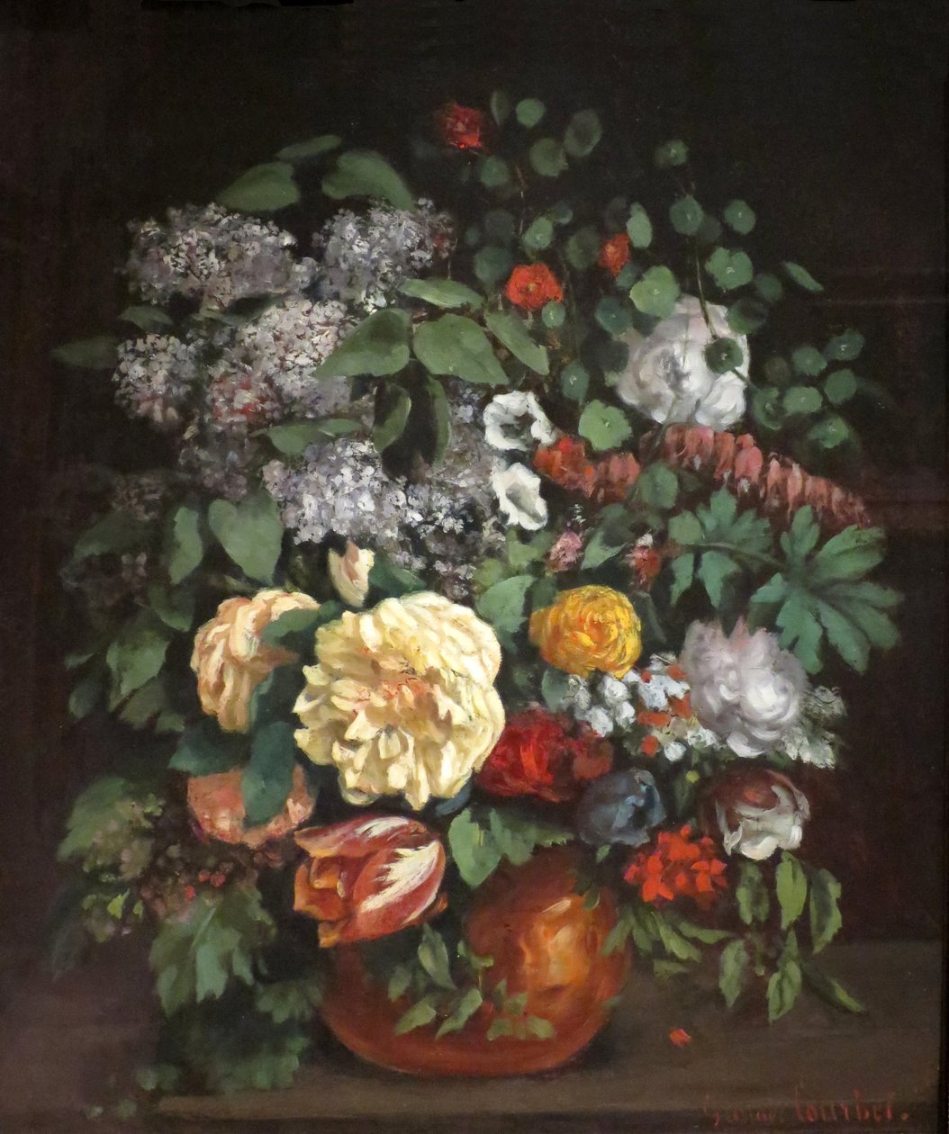 Vase med syriner, roser og tulipaner av Gustave Courbet