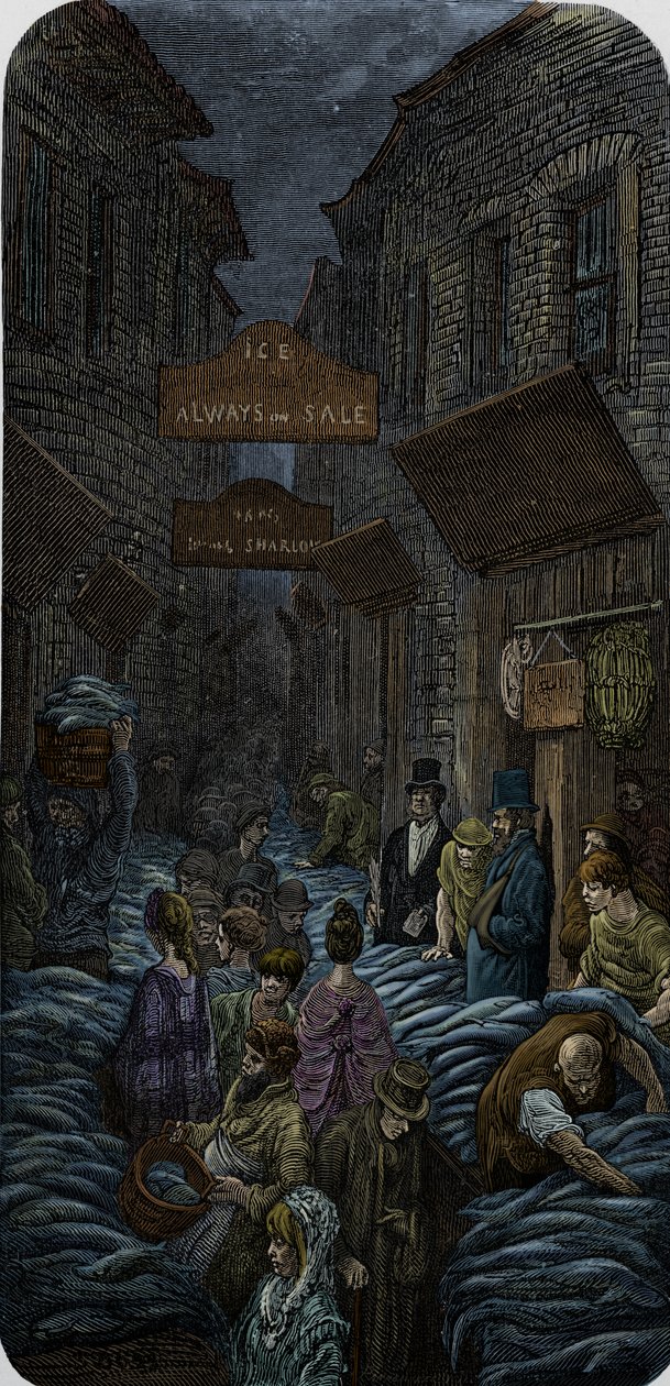 Et viktoriansk fiskemarked av Gustave Dore