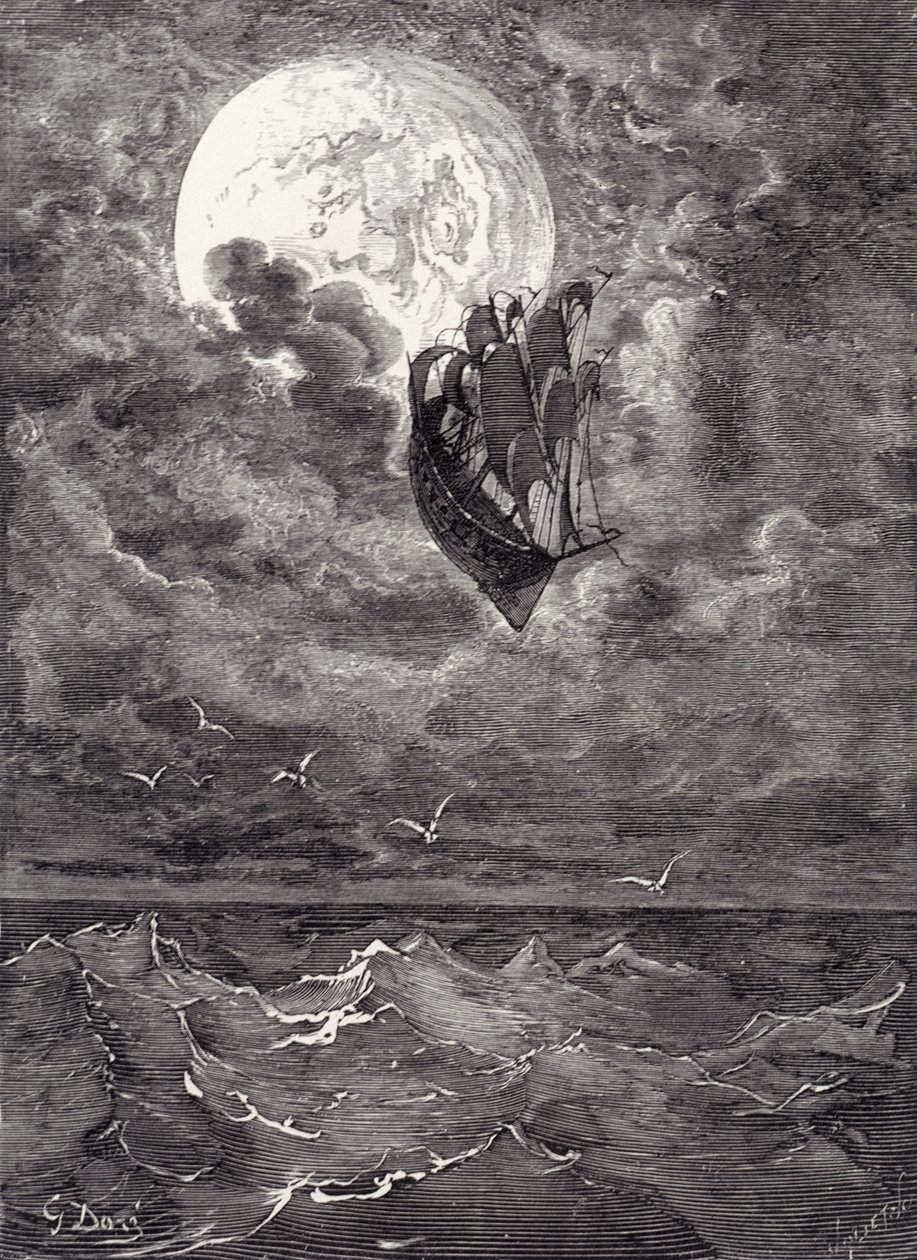 A Voyage to the Moon, fra "The Adventures of Baron Munchausen" av Rudolph Erich Raspe, gravert av Auguste Joliet, ca. 1868 av Gustave Dore