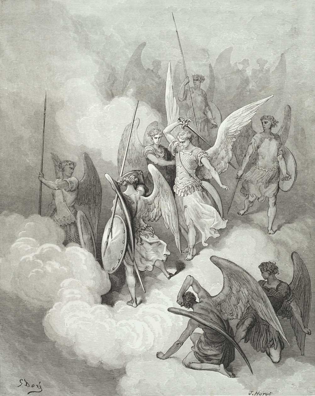 Abdiel og Satan, fra 'Paradise Lost' av John Milton (1608-74) gravert av Huyot, ca. 1868 av Gustave Dore