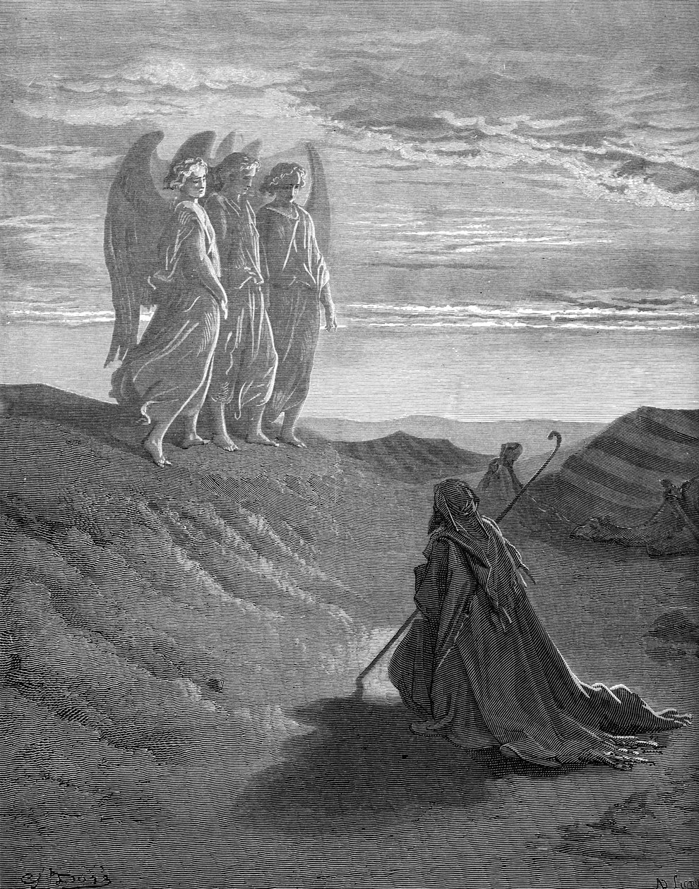 Abraham og de tre englene, gravering av Doré. - Bibelen av Gustave Dore