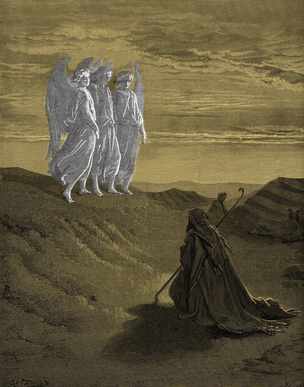 Abraham og de tre englene, gravering av Doré. - Bibelen av Gustave Dore