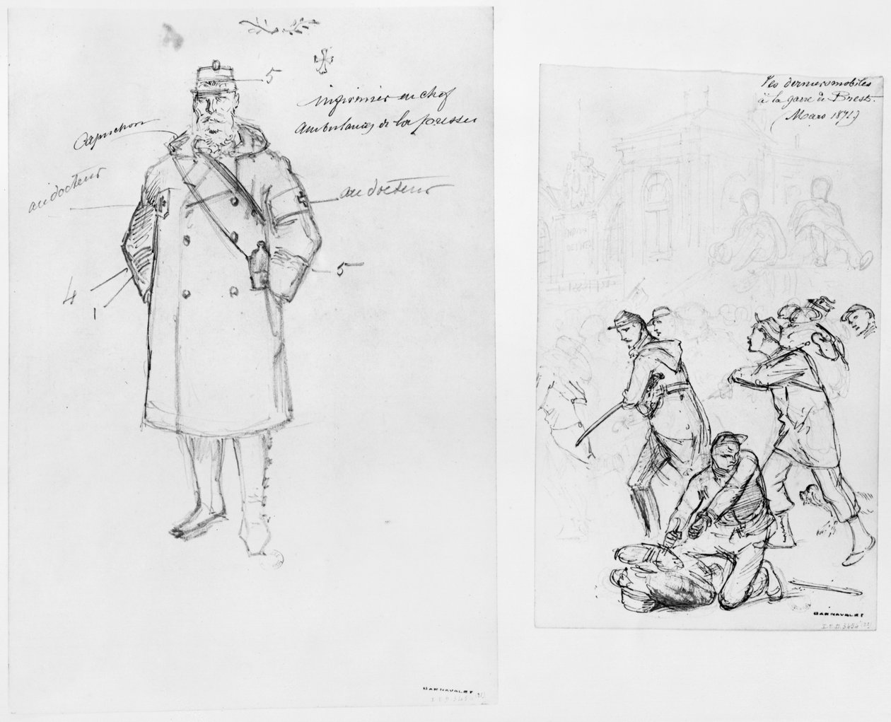 Album av beleiringen av Paris, ambulansemann, de siste troppene ved stasjonen i Brest, 1871 (penn og brun blekkvask og blyant på papir) av Gustave Dore