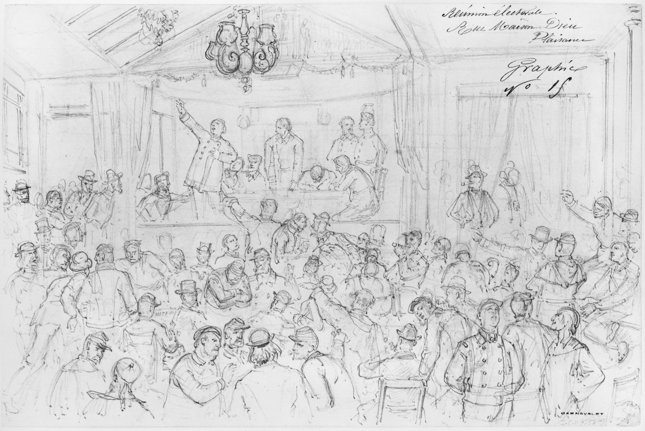 Album of the Siege of Paris, valgmøte rue Maison Dieu, Plaisance (penn og brun blekkvask og blyant på papir) av Gustave Dore