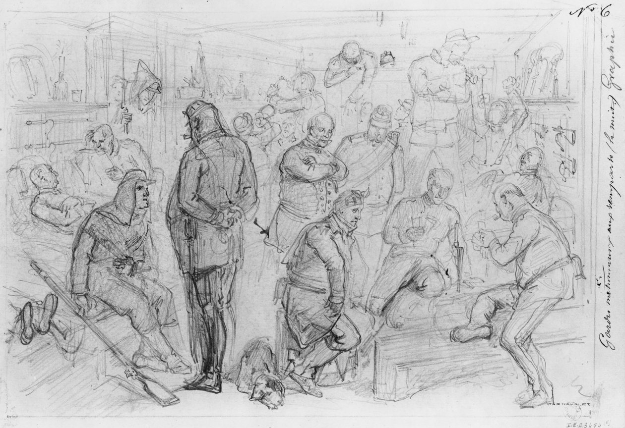 Album of the Siege of Paris, National Guards at the voller om natten (penn og brun blekkvask og blyant på papir) av Gustave Dore