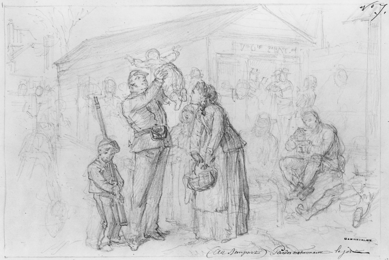 Album of the Siege of Paris, National Guards at the voller om dagen (penn og brun blekkvask og blyant på papir) av Gustave Dore