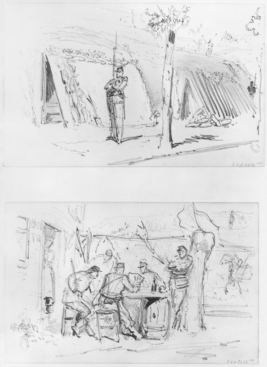 Album of the Siege of Paris, Sentry, Guards (penn og brun blekkvask og blyant på papir) av Gustave Dore