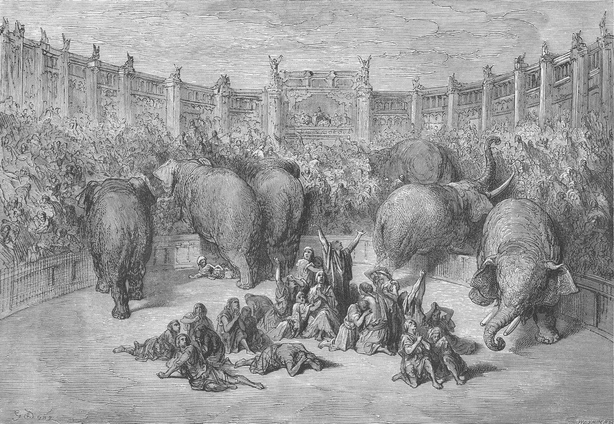 Fangede jøder i hippodromen i Alexandria, gravert av Josiah Wood Whymper (1813-1903) av Gustave Dore