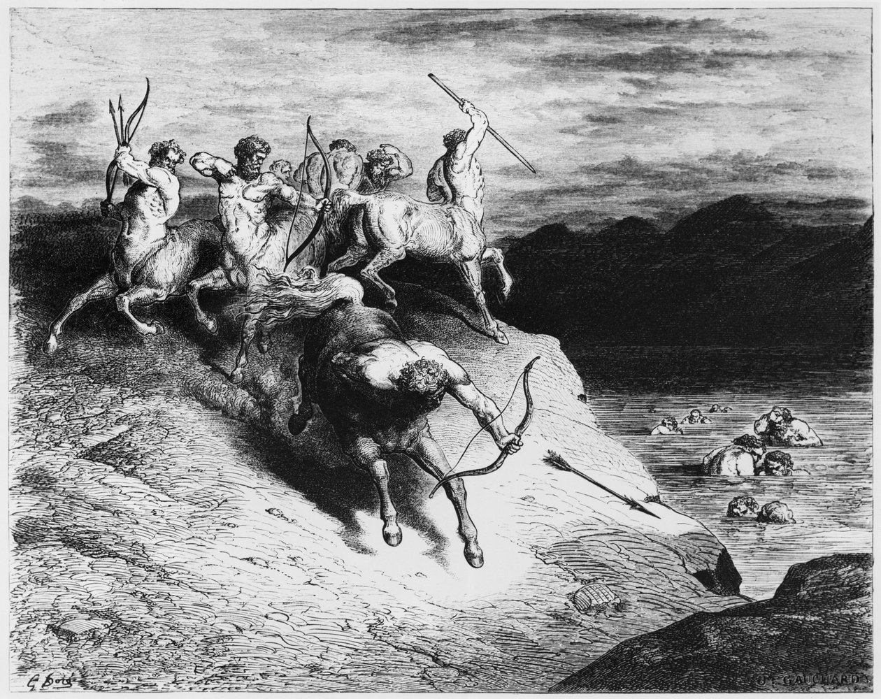 Centaurs, illustrasjon fra 'The Divine Comedy' (Inferno) av Dante Alighieri (1265-1321) Paris, utgitt 1885 av Gustave Dore