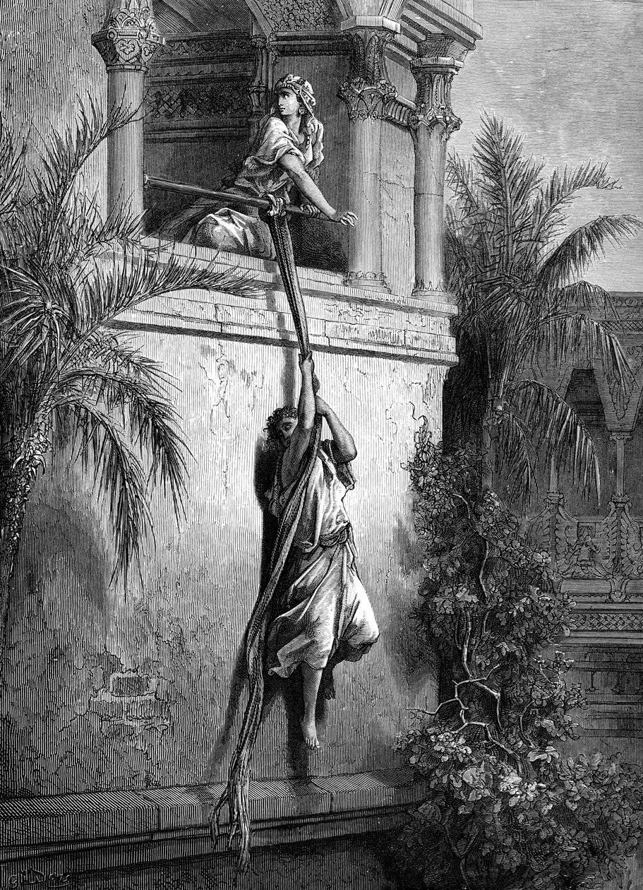 Davids flukt gjennom vinduet, av Doré. - Bibelen av Gustave Dore