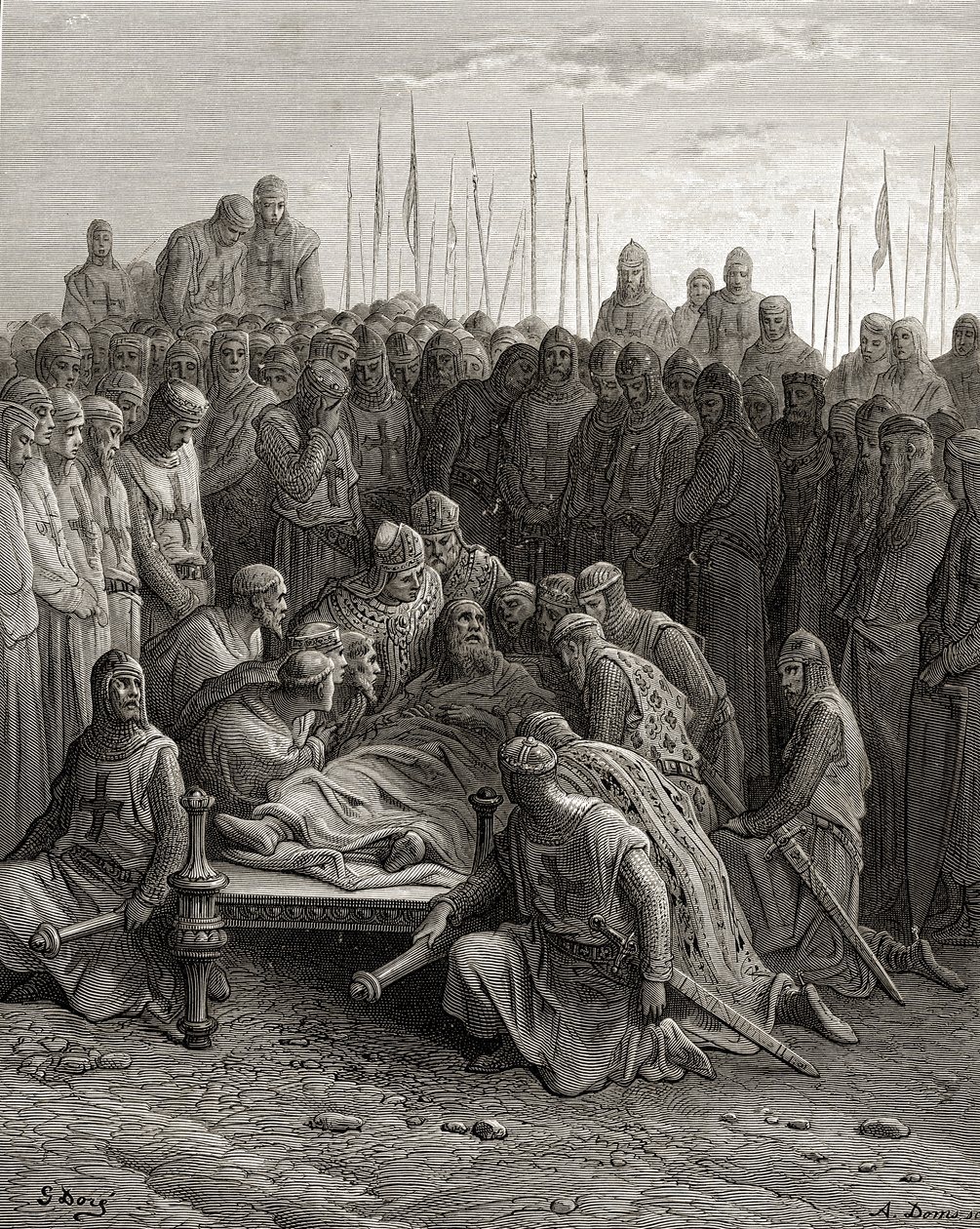 Død av Baldwin I (1171-1205), den latinske kongen av Jerusalem, illustrasjon fra 'Bibliotheque des Croisades' av JF. Michael, 1877 av Gustave Dore