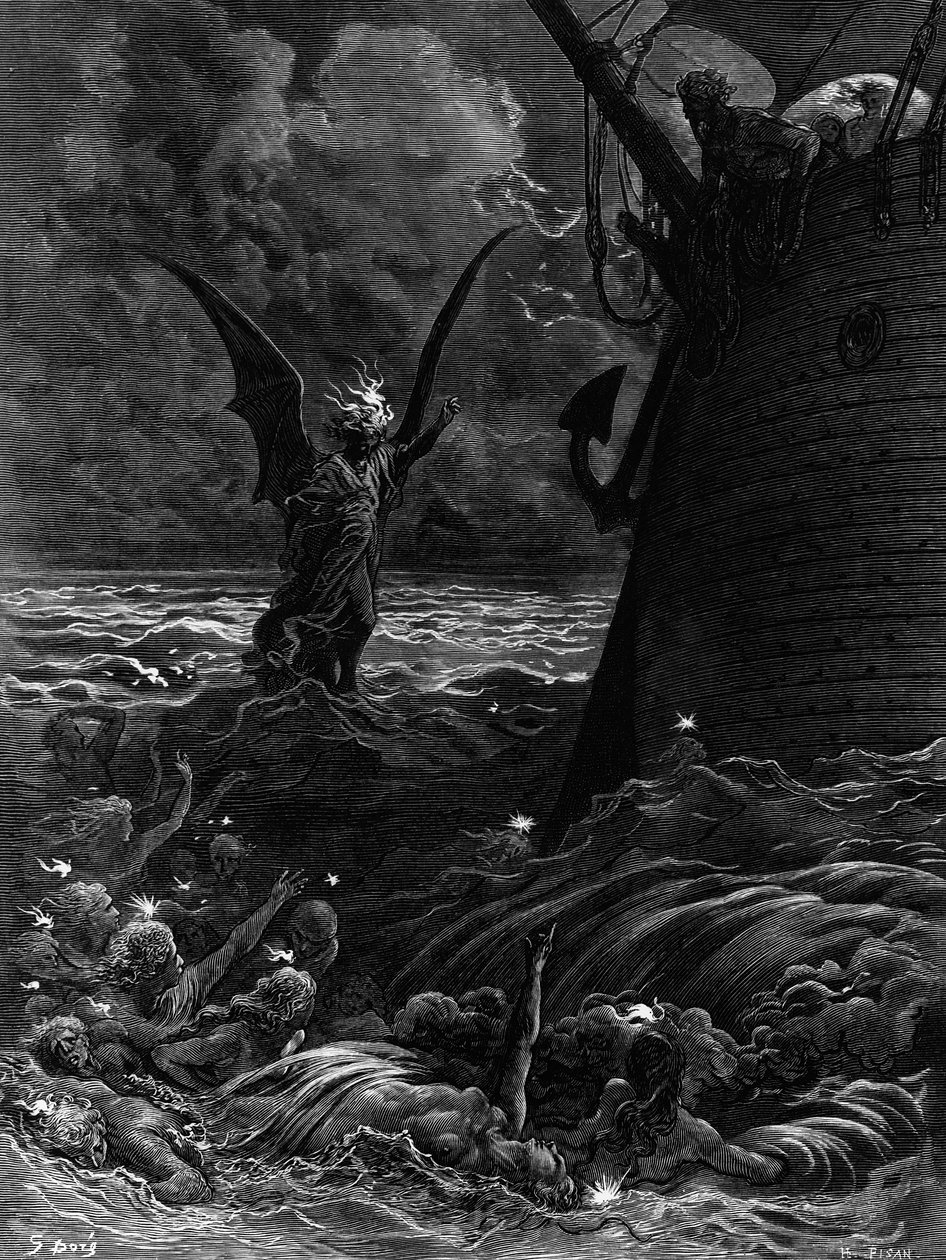 Dødsbranner danser rundt det beroligede skipet, scene fra «The Rime of the Ancient Mariner» av S.T. Coleridge, av S.T. Coleridge, utgitt av Harper und Brothers, New York, 1876 (tregravering) av Gustave Dore