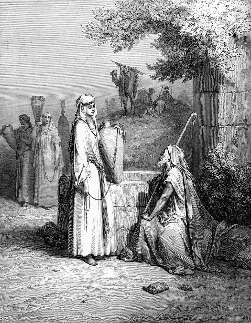 Eliezer og Rebekka Rebecca, gravering av Doré. - Bibelen av Gustave Dore