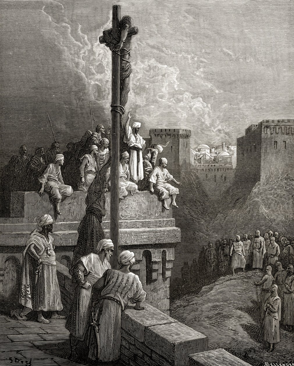 Gerard av Avesnes eksponert på veggene til Arsuf, illustrasjon fra 'Bibliotheque des Croisades' av JF. Michael, 1877 av Gustave Dore