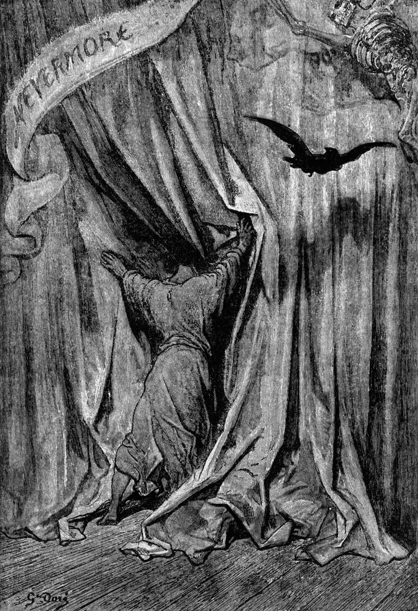 Illustrasjon til diktet The crow av Edgar Allan Poe, 1845 av Gustave Dore