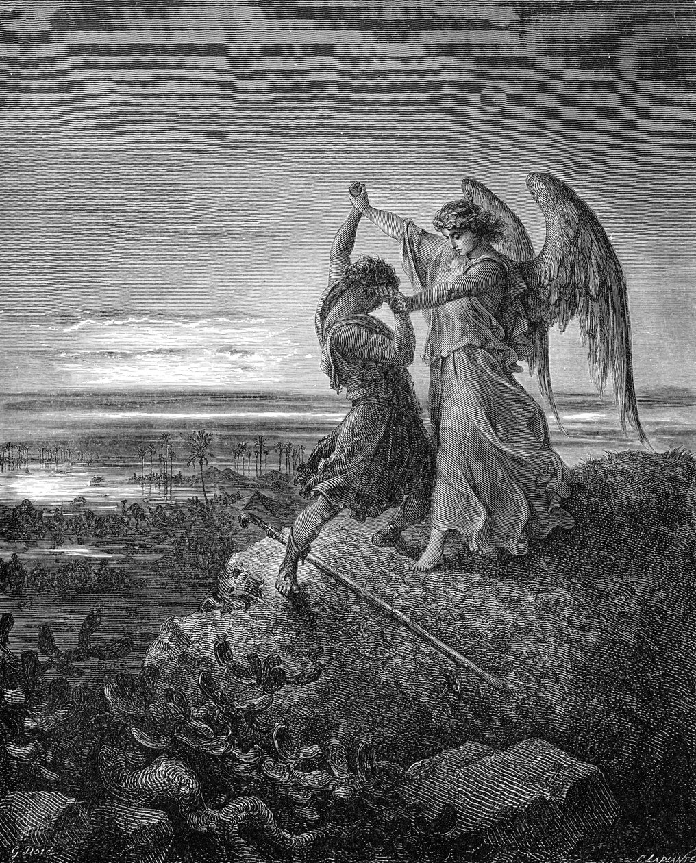 Jakob som bryter med engelen, gravering av Doré. - Bibelen av Gustave Dore