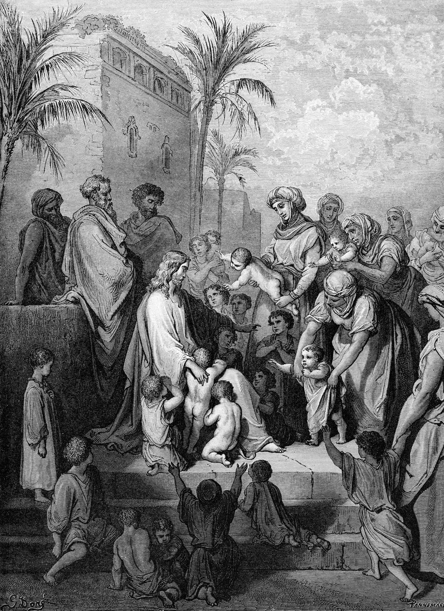 Jesus velsigner barna, gravering av Doré. - Bibelen av Gustave Dore