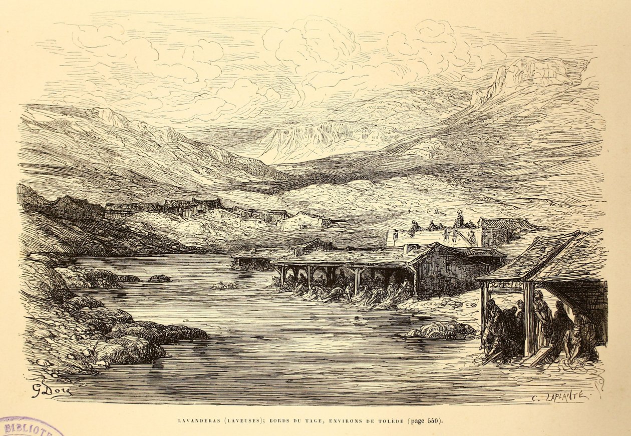 Lavanderas (skiver); bredden av elven Tejo, rundt Toledo av Gustave Dore