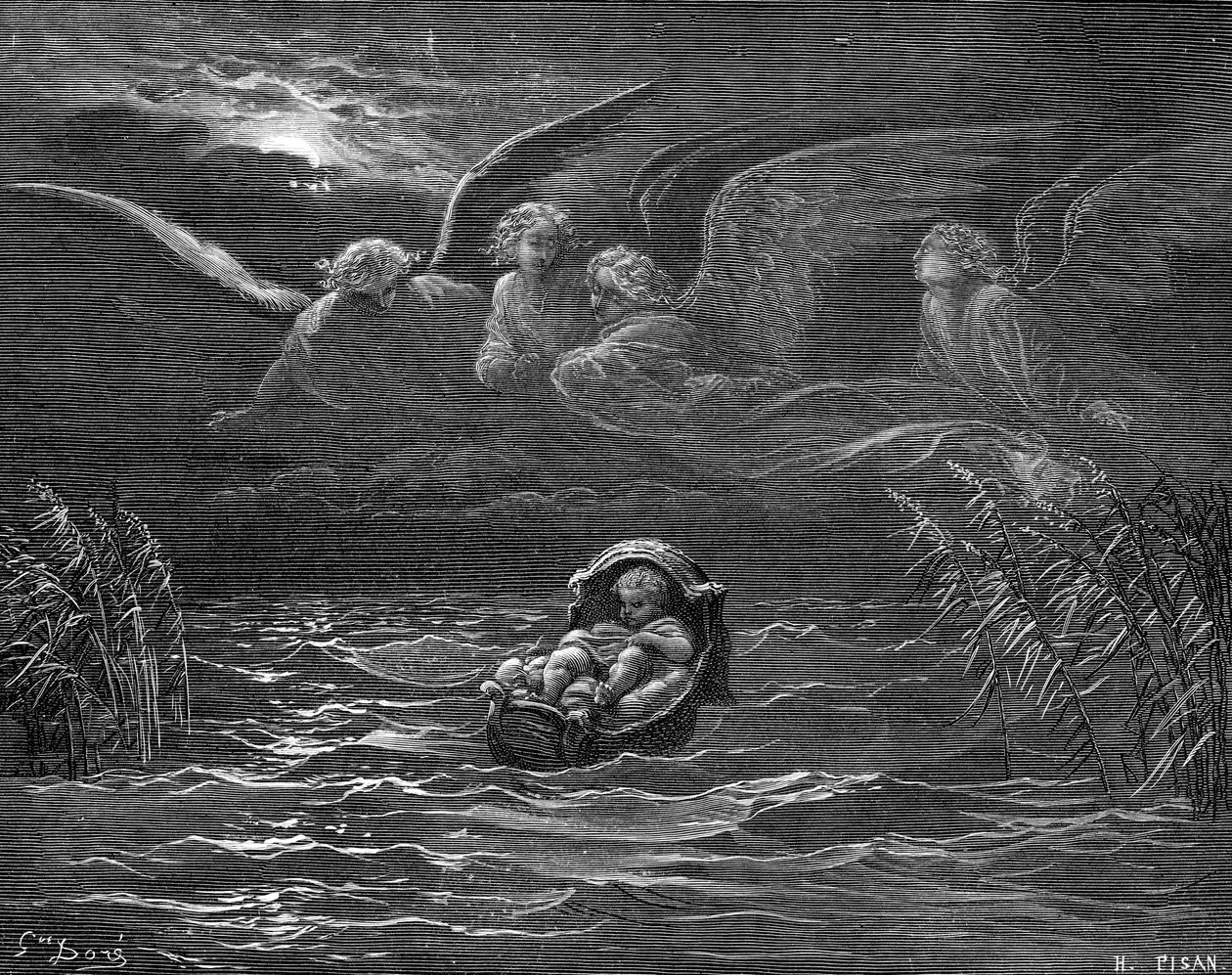 Moses ved elven Nilen, gravering av Doré. - Bibelen av Gustave Dore