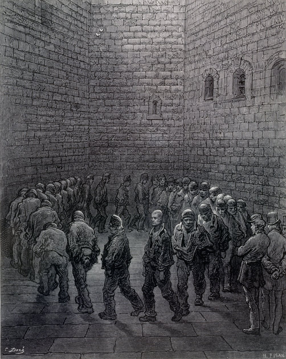Newgate - Exercise Yard, fra 'London, a Pilgrimage', skrevet av William Blanchard Jerrold (1826-84), gravert av Heliodore Joseph Pisan (1822-90), pub. 1872 av Gustave Dore