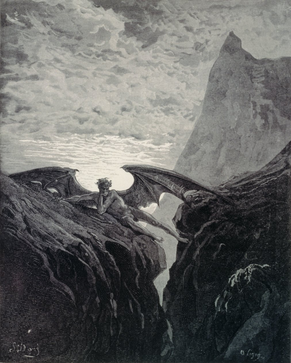 Plate nr. 26 Bok VI linje 406 'Nå natt begynte hennes kurs..' fra 'Paradise Lost' av John Milton (1608-74), gravert av Ligny, 1882 av Gustave Dore