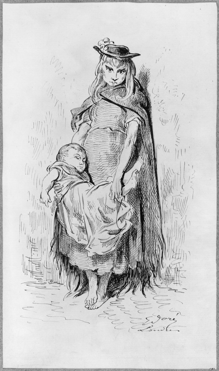Stakkars jente med et barn i London (penn og indisk blekk på papir) av Gustave Dore