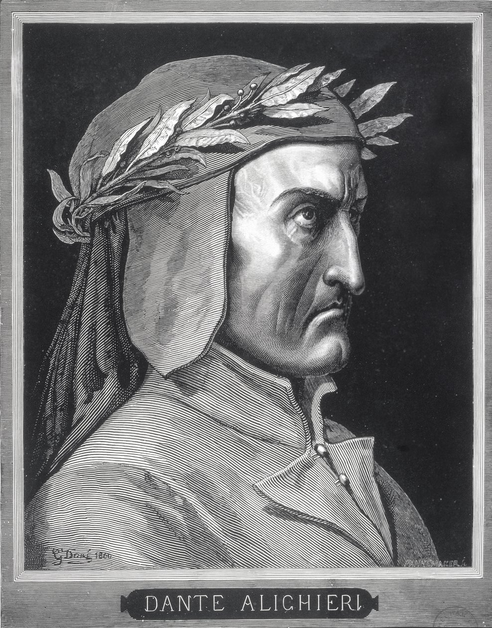 Portrett av Dante Alighieri (1265-1321), 1860, gravert av Stephane Pannemaker (1847-1930), frontispice fra 