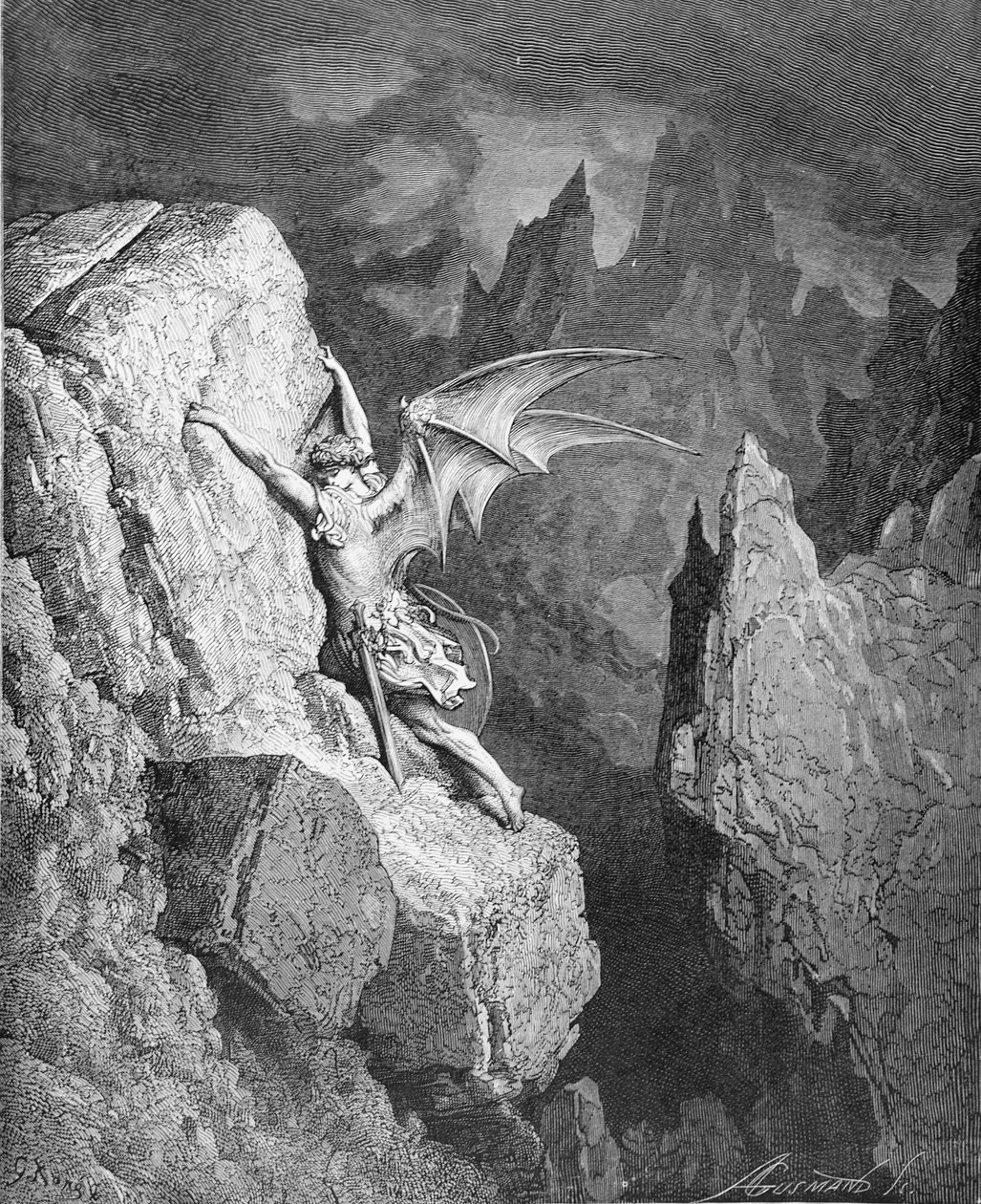 Satans flukt gjennom kaos, fra "Paradise Lost" av John Milton (1608-74) gravert av Adolphe Gusmand (1821-1905) ca. 1868 av Gustave Dore