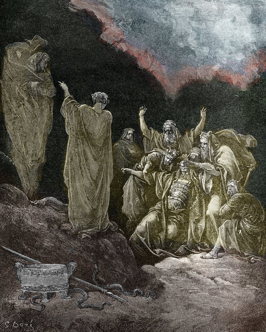 Saul og den mellomstore heksen av Endor, av Doré. - Bibelen av Gustave Dore
