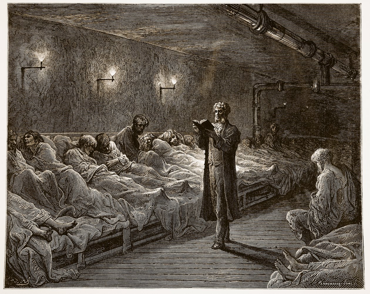 Scripture Reader in a Night Refuge, fra 'London, a Pilgrimage', skrevet av William Blanchard Jerrold (1826-84) og gravert av Pannemaker und A. Doms, pub. 1872 av Gustave Dore